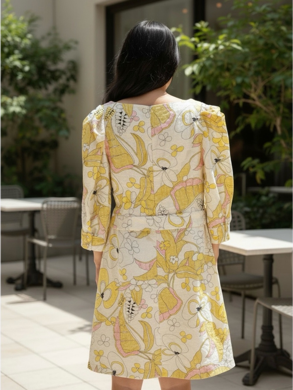 Max & Co. Women’s Yellow Floral Tie-Waist Dress Size 6 Puff Sleeves - Picture 4 of 8